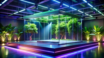 A futuristic stage with neon lights displays a glassenclosed indoor forest