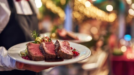 A waiter serves a gourmet plate of sliced steak with sauce and garnishes in a warmly lit restaurant setting.