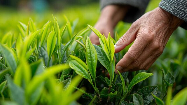 Hands harvesting matcha tea leaves on eco-friendly farm, perfect for content about organic agriculture, sustainable tea production, and traditional manual labor in farming.