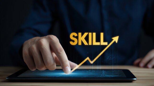 A person interacts with a tablet showing a rising arrow and the word "SKILL," symbolizing growth and development in abilities or expertise.