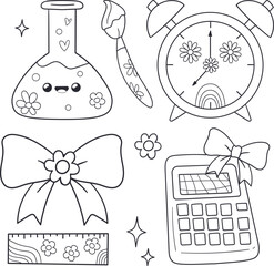 Kawaii Science and Alarm Clock Doodle Icons - School Line Art