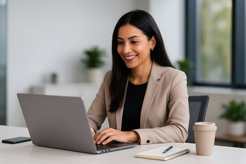 Cheerful woman in business attire working on laptop at bright modern office desk with notebook