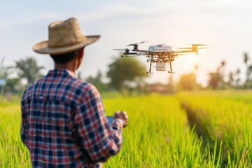 A farmer wearing a straw hat operates a drone over a green rice field at sunset for agricultural monitoring.