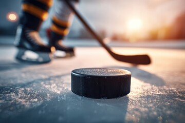 Close-up of a hockey puck on ice with a player"s skates and stick in the background during a game or practice at sunset.