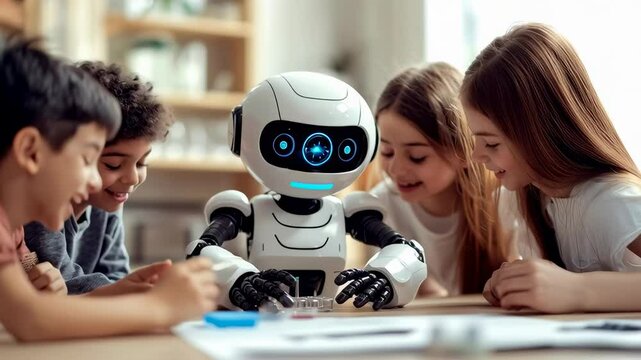 Friendly humanoid robot teaching diverse group of children through interactive play and learning in a bright modern classroom

