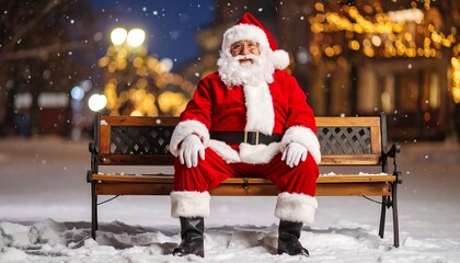 Santa sits on a bench in a snowy town