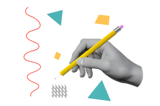 Yellow cartoon pencil held in raised hand - creativity concept. Modern photo collage style. Illustration on transparent background