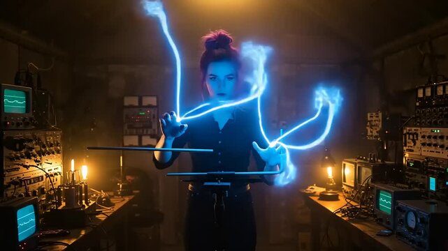 Woman Creating Energy with Theremin in a Science Laboratory with Electrical Equipment