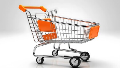 3D rendering of an empty metal shopping cart with orange plastic accents on a white background. Ideal for e-commerce, supermarket, retail, and grocery-related designs.
