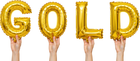 Hand holding a gold "GOLD" balloon