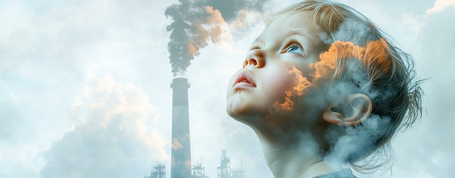 Child gazing at smokestacks urban environment emotional imagery industrial pollution thought-provoking concept