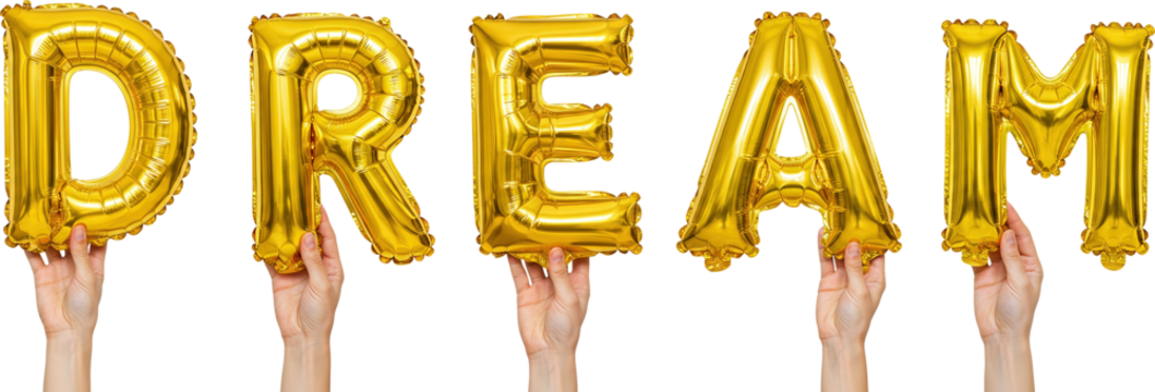 Hand holding a gold "DREAM" balloon