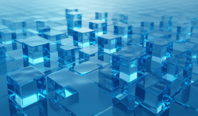 Translucent Water Cubes on Left with Minimalist Liquid Background &ndash; Abstract 3D Art