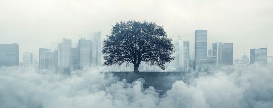 Tree surrounded by fog urban landscape nature photography mysterious environment elevated viewpoint loneliness concept