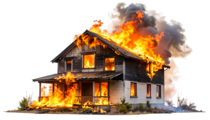 Burning Home: A house consumed by roaring flames and thick black smoke, symbolizing destruction, disaster, and loss.