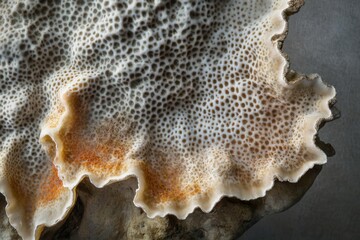Intricate Fungal Texture: Exploring the Detail of a Shelf Fungus, Patterns, Growth, Nature, Spots, Wavy Edge, Brown, White, Close-up, Organism