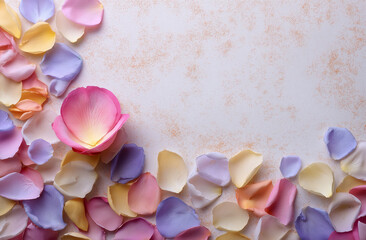 Fototapeta premium Photo of a mix of pastel flower petals scattered on an empty surface