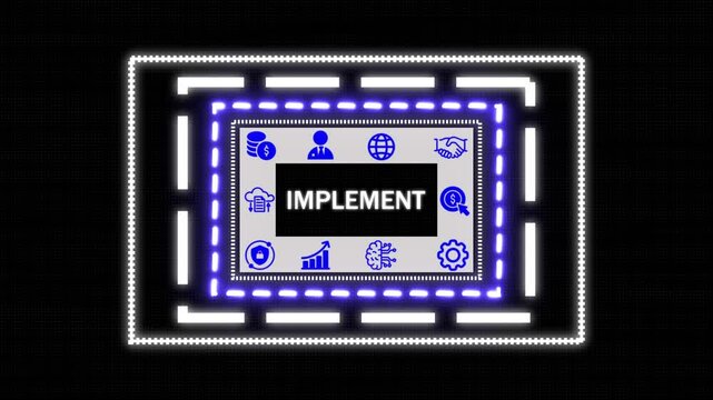 A Implement button on a clear projection, network icon ,Blue holographic advanced rectangle platform glowing dots digital luxurious wave particles flows background.
