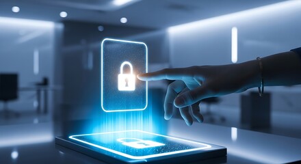 A hand activates a digital lock interface on a tablet, symbolizing online security and data protection within a modern office setting.