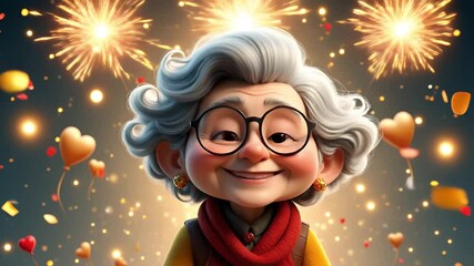Joyful elderly woman with gray hair and large glasses celebrating with fireworks and hearts in a festive atmosphere full of happiness and warmth