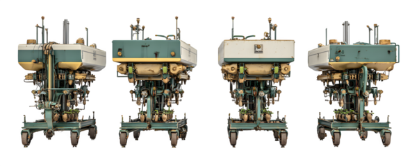 Studio-Lit Detailed Transparent-Background Four seed drills arranged sid commercial stock asset, transparent background, ideal for print projects and web banners, premium resource