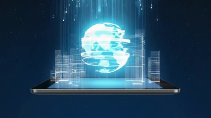 A futuristic tablet displays a holographic globe above a city skyline, symbolizing technology and innovation - Powered by Adobe