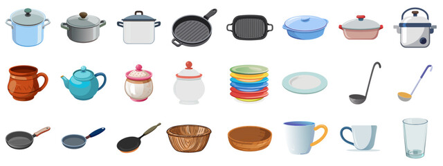 Vector set of kitchen utensils and cookware - pots, pans, teapots, plates, bowls, cups, and ladles. Culinary blogs, cooking apps, home goods ads, and recipe illustrations.
