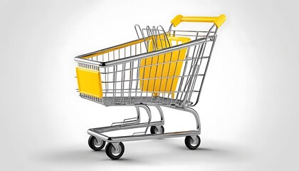 Realistic 3D rendered image of a metallic shopping cart with bright yellow plastic elements. Perfect for retail, supermarket, online store, or shopping-related designs and interfaces.