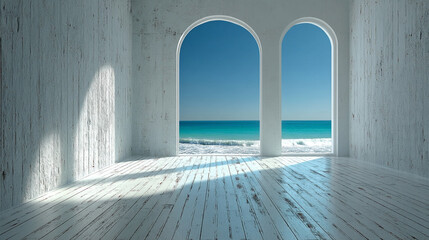 A serene coastal room with distressed white wood overlooks the tranquil blue ocean through elegant arched .