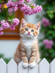 Orange tabby kitten sitting on a white picket fence with pink flowers blooming overhead in the garden