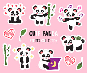 Illustration of cute panda stickers on a pink background.