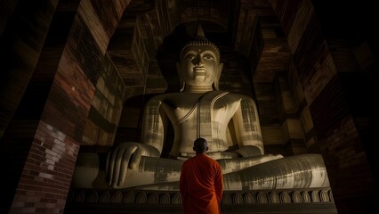 Fototapeta premium sukhothai-style Buddha statue with monk look up 