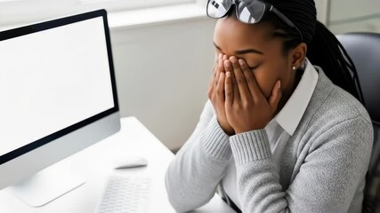 young african american woman in office rubs eyes in front of computer with blank screen. digital eye strain and healthcare. concept of business, health, lifestyle, corporate career - Powered by Adobe
