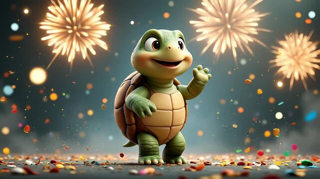 Cheerful cartoon turtle character celebrating joyful occasion surrounded by colorful confetti and vibrant fireworks in festive atmosphere