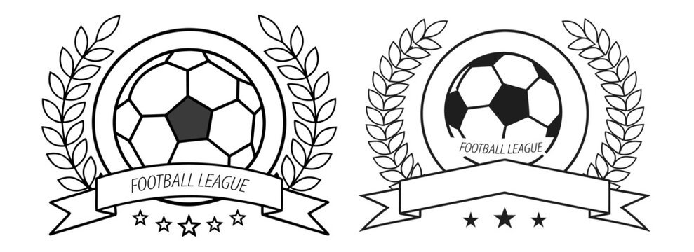 Monochrome football league badges with laurels, stars, and banner ribbons—ideal for soccer-related branding, sportswear, or minimal icon packs