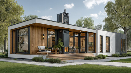 A stunning modern modular home with a spacious wooden deck nestled amidst lush green trees under a clear blue sky.