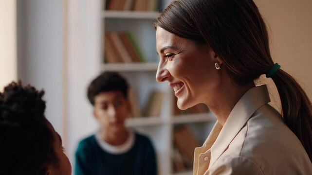 Elementary school teacher smiles and interacts with her young students during class time, fostering a positive and engaging learning environment