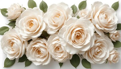 Obraz premium Realistic 3D white rose flowers with soft petals and green leaves on a white background. Perfect for wedding designs, romantic invitations, elegant decorations, and luxury branding.