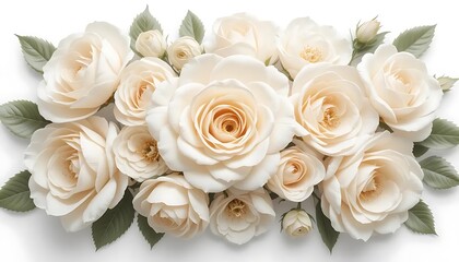 Obraz premium Realistic 3D white rose flowers with soft petals and green leaves on a white background. Perfect for wedding designs, romantic invitations, elegant decorations, and luxury branding.