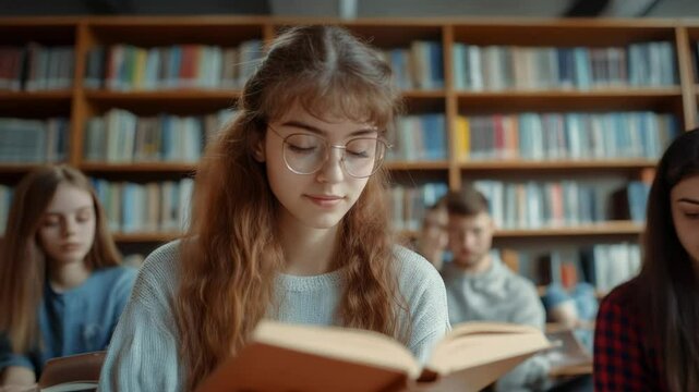 Young female student enjoying reading a textbook in a library, surrounded by her classmates who are also studying, showcasing a focused and studious atmosphere