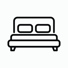 Modern bed icon with pillows, simple black and white line art illustration, perfect for hotel, bedroom, furniture, sleep, and interior design concepts.