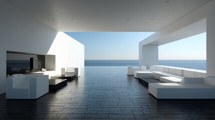 Modern architectural design meets endless ocean horizons in this tranquil outdoor lounge setting.