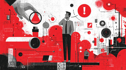 A businessman contemplates a critical business decision amidst a complex system of data and processes.