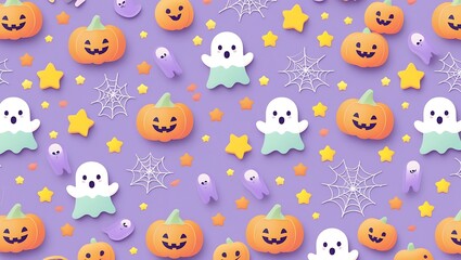 2D pastel pattern filled with repeating cute ghosts, pumpkins, candy, spider webs, and stars