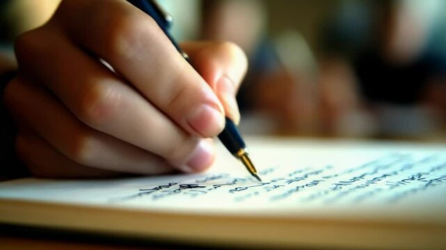 Close up of a student's hand using a fountain pen, diligently taking notes in a notebook during a classroom lecture, highlighting the focus and dedication to learning