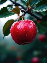 Obraz premium Close up of a red apple hanging from a branch with water droplets on its surface and green leaves around