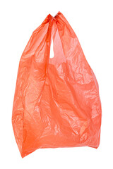 Wrinkled orange plastic shopping bag with handles, lightweight and reusable