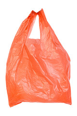 Wrinkled orange plastic shopping bag with handles, lightweight and reusable