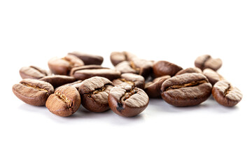 A pile of roasted coffee beans with rich texture and aroma on white background