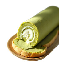 Green Tea Roll Cake with Cream Filling on Wooden Plate